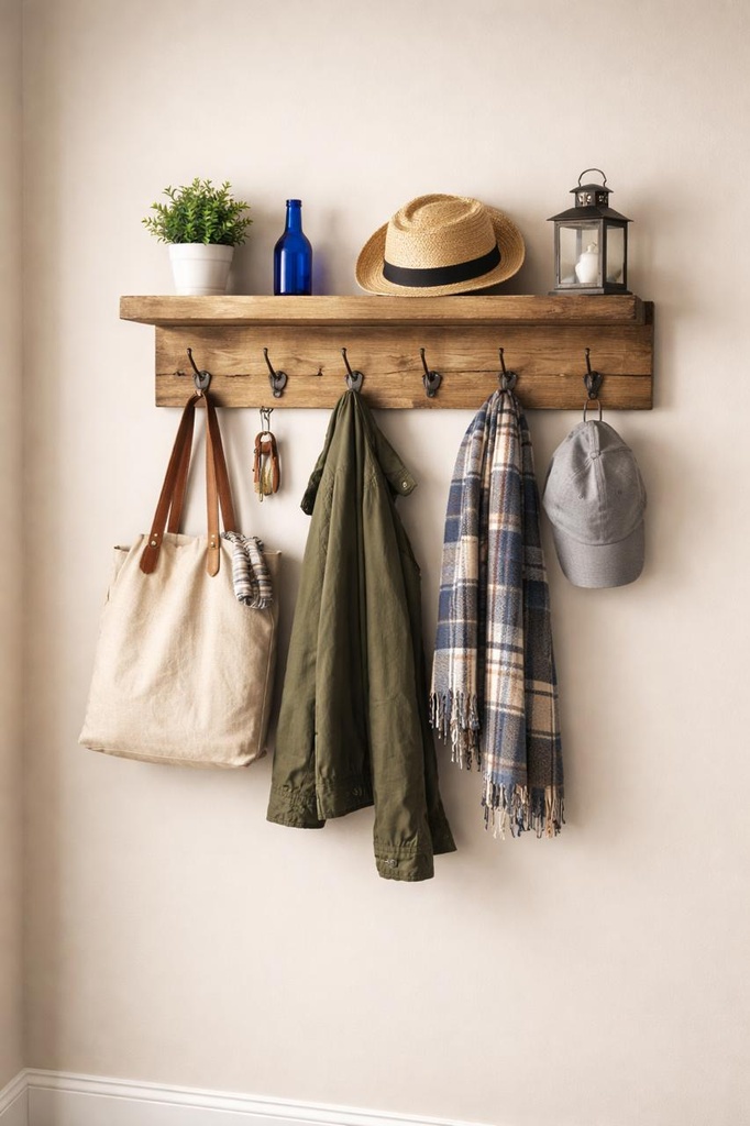 [CR-XX-2H-KO-STD] Rustic Coat Rack with Shelf (12" (2 hooks), Kona, No)